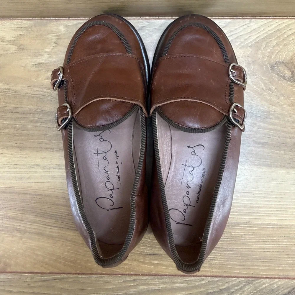 Papanatas Toddler Kids 9.5 10 EU 26 Brown Soft Leather Double Monk Strap Slip On